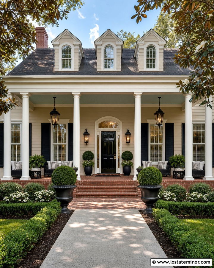 Tan House With Double Porch Pendants - 30 Tan House Design With Light Fixtures Ideas