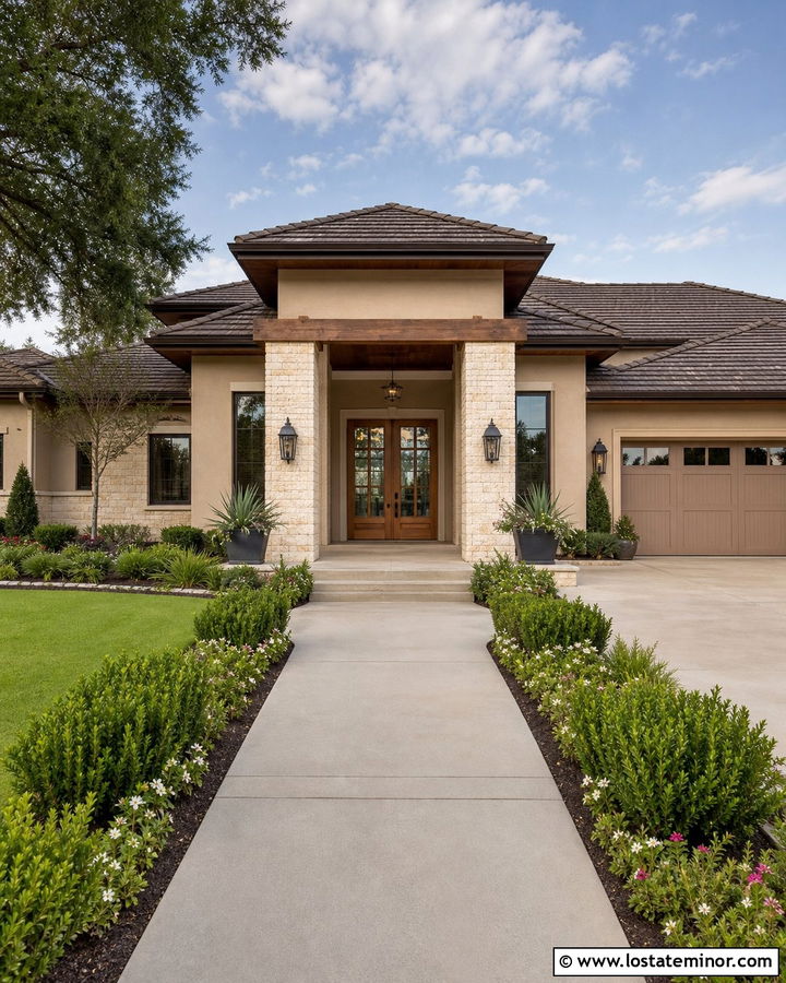 Tan House With Double Wood Entry Doors - 30 Tan House Design With Entry Door Ideas