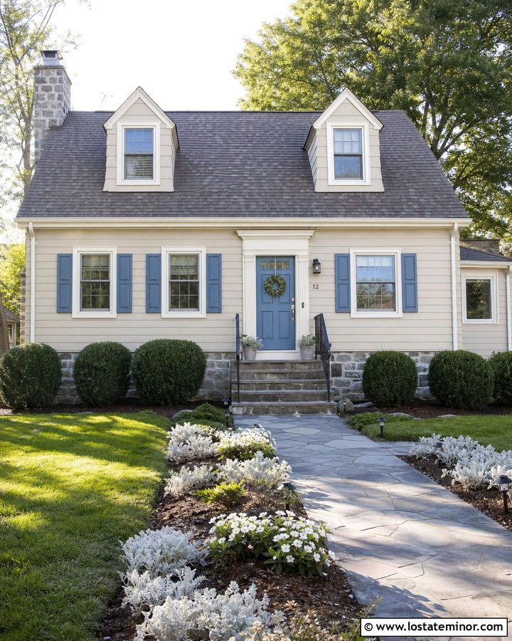 Tan House With Dusty Blue Entry Door - 30 Tan House Design With Entry Door Ideas