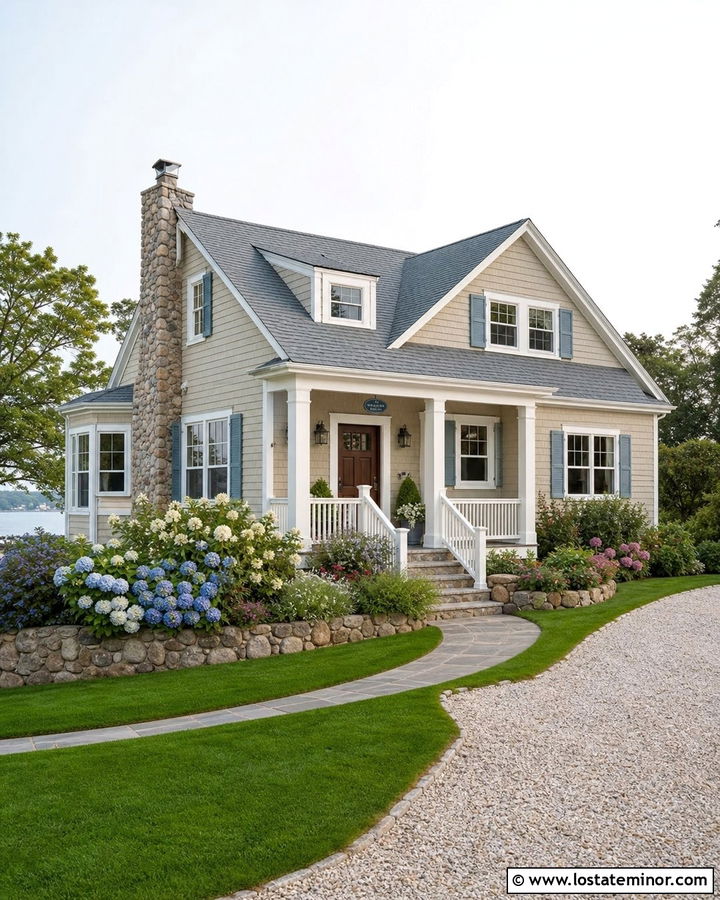 Tan House With Dusty Blue Shutters - 30 Tan House Design With Accents Ideas