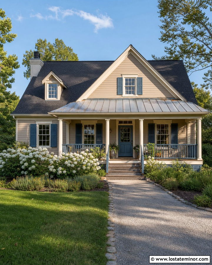 Tan House With Dusty Blue Trim - 30 Tan House Design With Trim Ideas