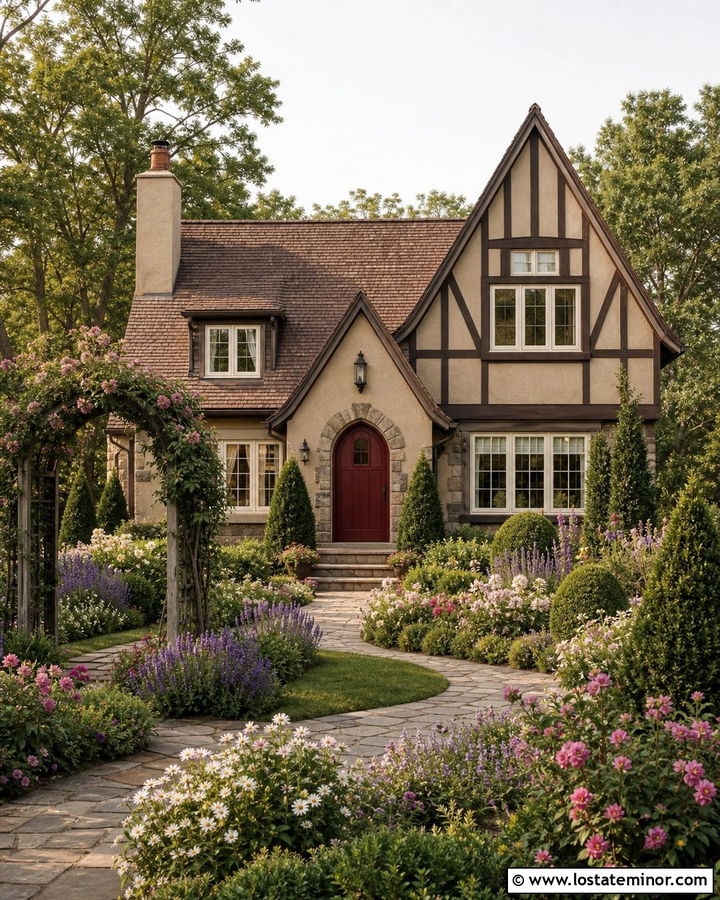 Tan House With English Garden Landscaping - 30 Tan House Design With Landscaping Ideas