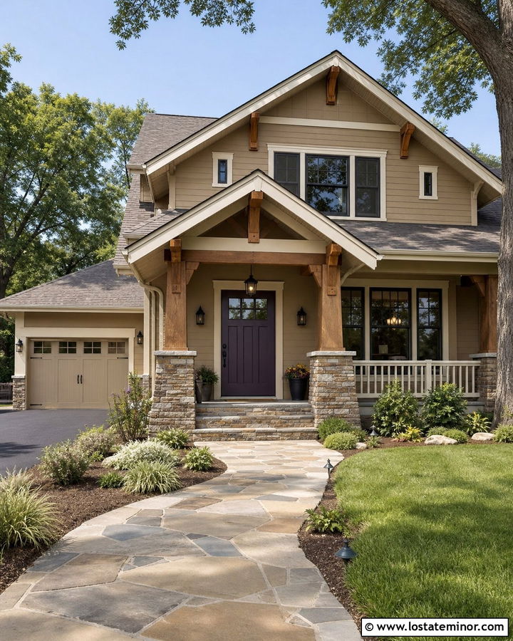 Tan House With Entry Door And Stone Porch - 30 Tan House Design With Entry Door Ideas