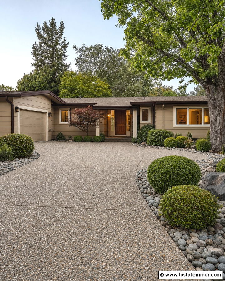 Tan House With Exposed Aggregate Driveway - 30 Tan House Design With Driveway Ideas