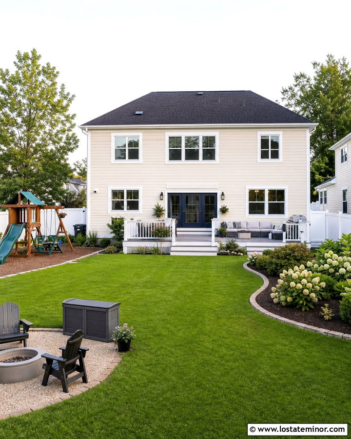 Tan House With Family Lawn And Play Zone - 30 Tan House Design With Backyard Ideas
