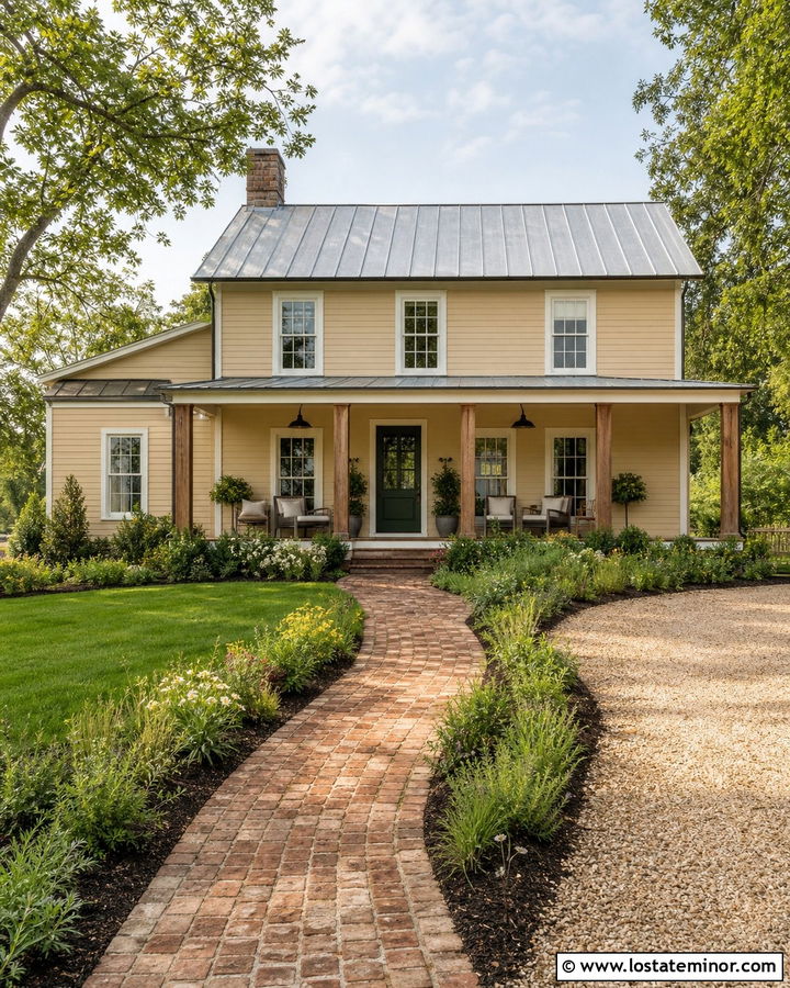 Tan House With Farmhouse Brick Walkway - 30 Tan House Design With Walkway Ideas