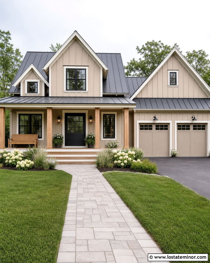 Tan House With Farmhouse Entry Door - 30 Tan House Design With Entry Door Ideas