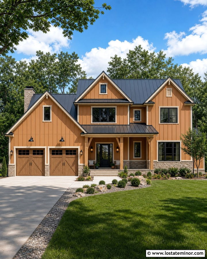Tan House With Farmhouse Gooseneck Lights - 30 Tan House Design With Light Fixtures Ideas