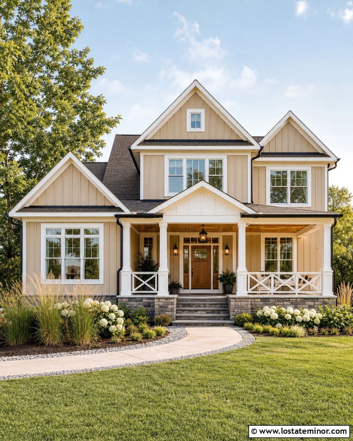 Tan House With Farmhouse X Railings - 30 Tan House Design With Railings Ideas