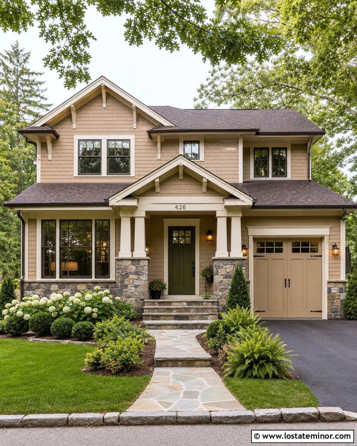 Tan House With Fieldstone Wainscoting And Green Door - 30 Tan House Design With Wainscoting Ideas
