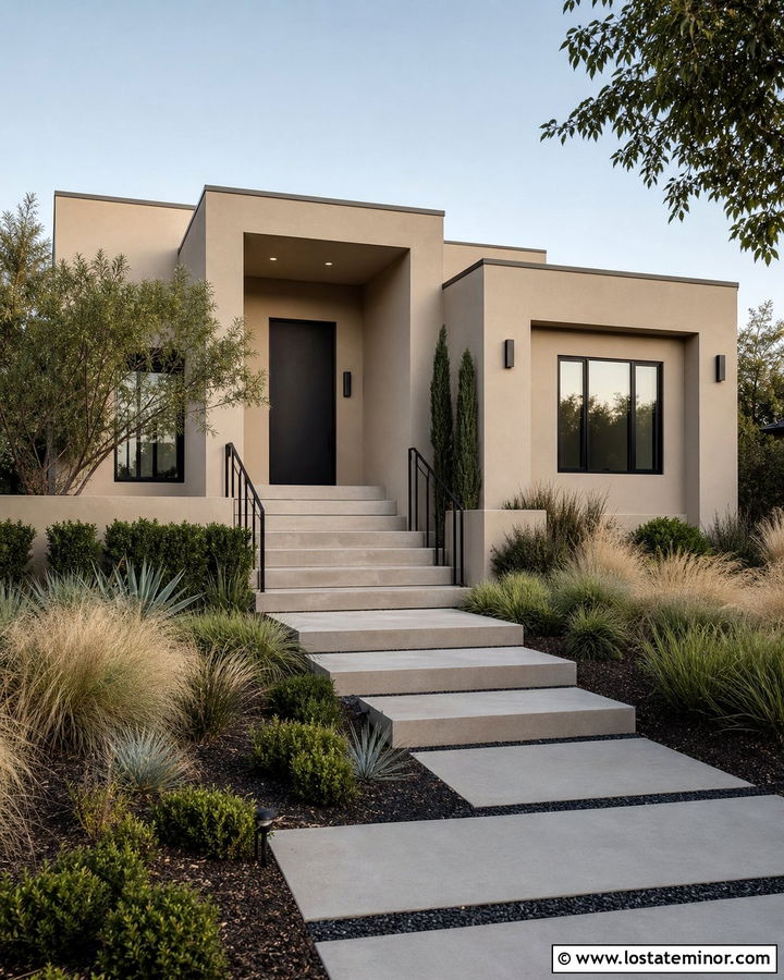 Tan House With Floating Concrete Steps - 30 Tan House Design With Steps Ideas