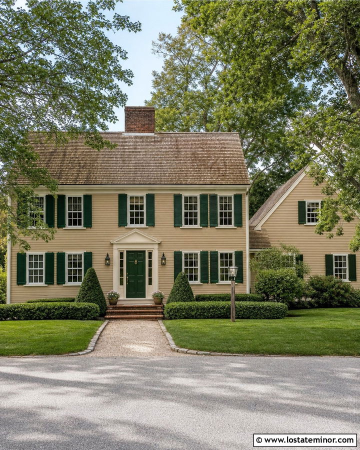 Tan House With Forest Green Shutters - 30 Tan House Design With Accents Ideas