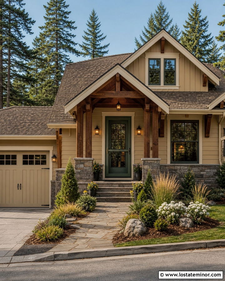 Tan House With Forest Green Storm Door And Stone - 30 Tan House Design With Storm Door Ideas