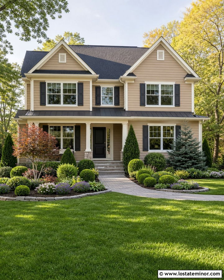 Tan House With Four Season Evergreen Landscaping - 30 Tan House Design With Front Yard Ideas