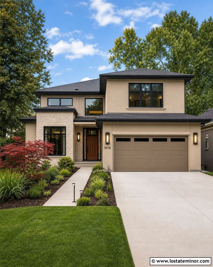 Tan House With Garage Accent Lighting - 30 Tan House Design With Lighting Ideas