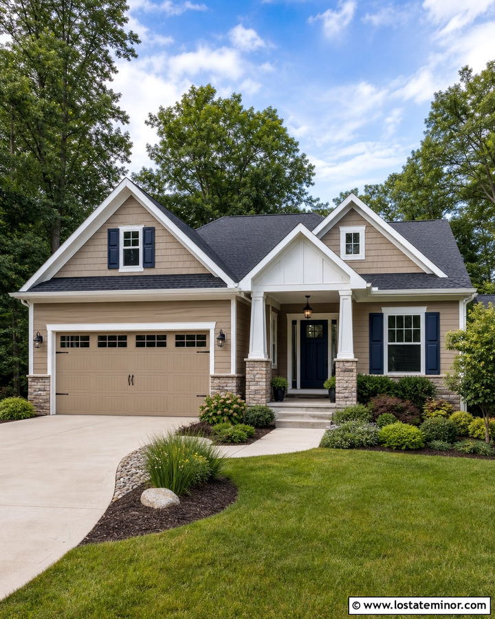 Tan House With Garage And Portico - 30 Tan House Design With Portico Ideas