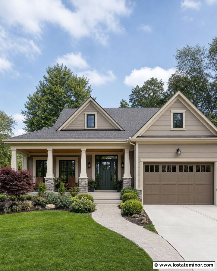 Tan House With Garage Connected Front Porch - 30 Tan House Design With Front Porch Ideas