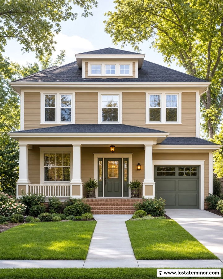 Tan House With Garage Door And Front Door Match - 30 Tan House Design With Garage Door Ideas
