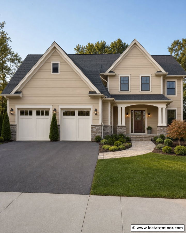 Tan House With Garage Stone Wainscoting - 30 Tan House Design With Wainscoting Ideas