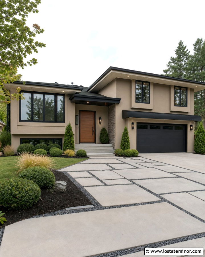 Tan House With Geometric Paver Driveway - 30 Tan House Design With Driveway Ideas