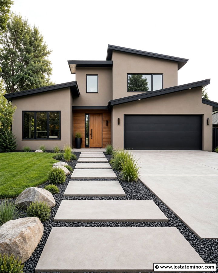 Tan House With Geometric Paver Walkway - 30 Tan House Design With Walkway Ideas