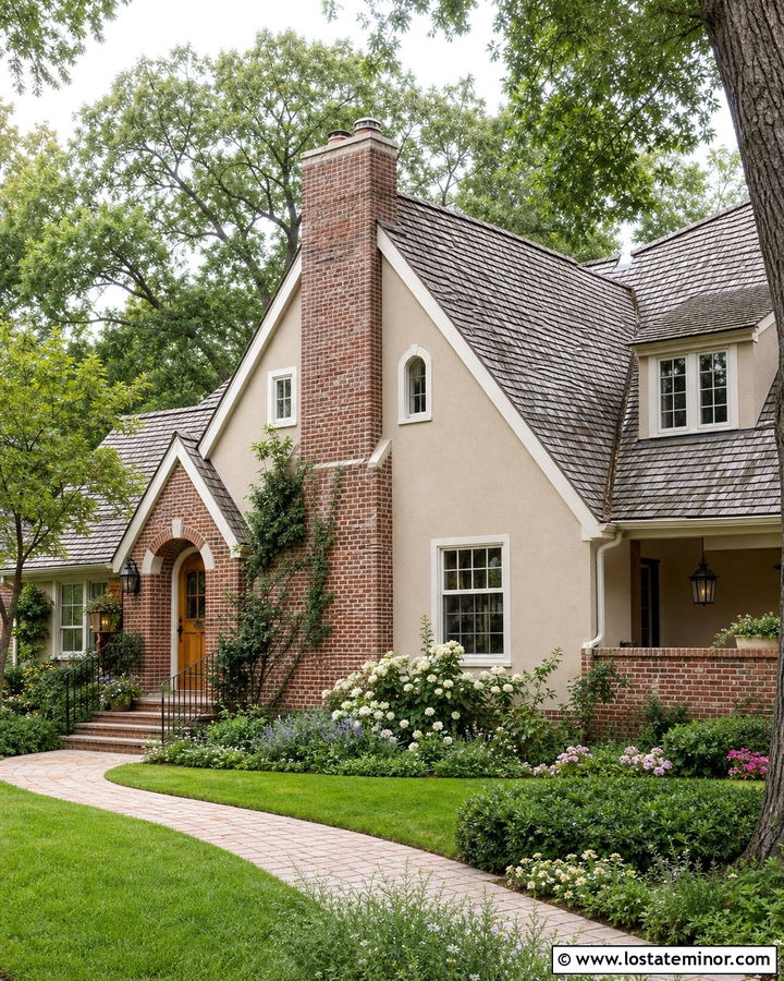 Tan House With German Smear Brick Accents - 30 Tan House Design With Brick Accents Ideas