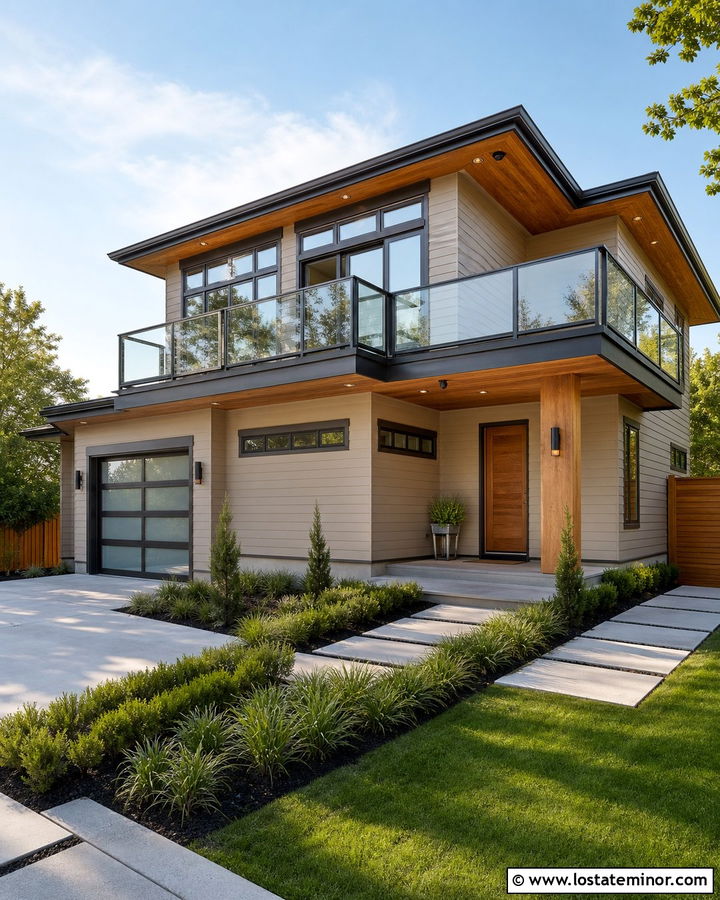 Tan House With Glass Deck Railings - 30 Tan House Design With Railings Ideas