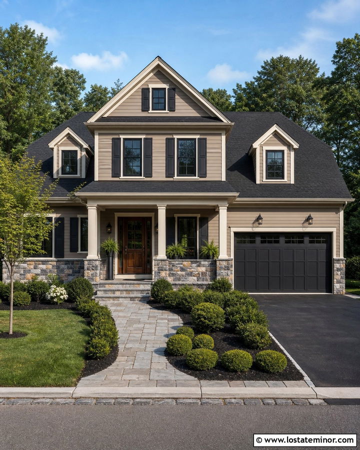 Tan House With Granite Wainscoting And Dark Roof - 30 Tan House Design With Wainscoting Ideas