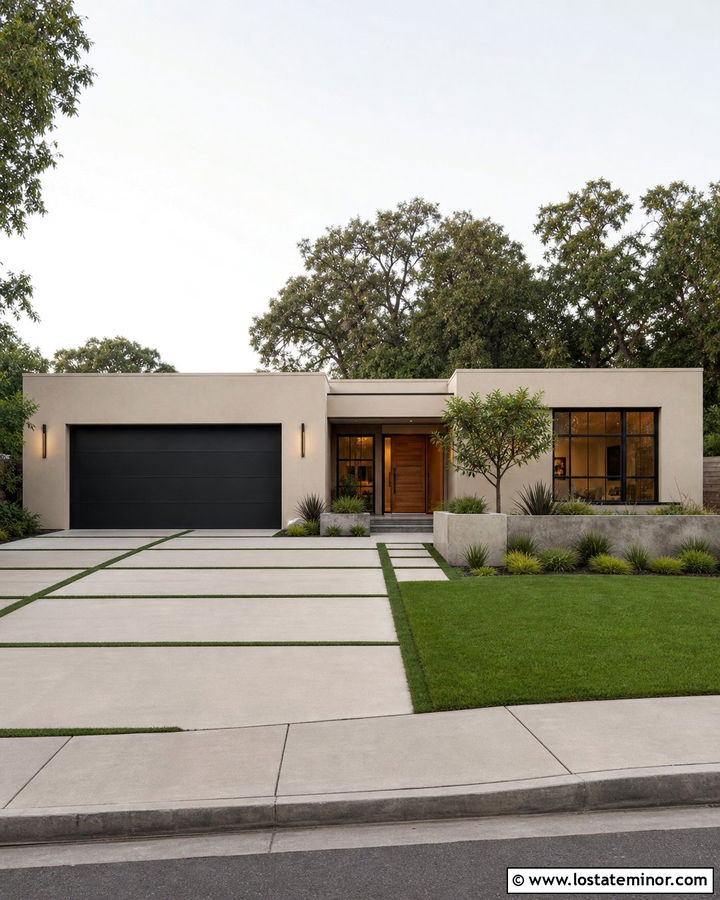 Tan House With Grass Joint Driveway - 30 Tan House Design With Driveway Ideas