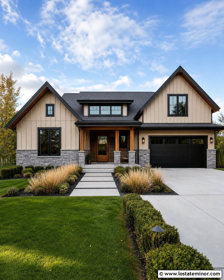 Tan House With Gray Stone And Black Windows - 30 Tan House Design With Accents Ideas