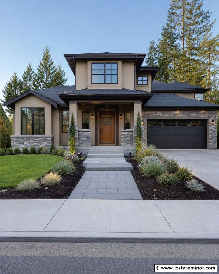 Tan House With Gray Stone Columns - 30 Tan House Design With Porch Columns Ideas