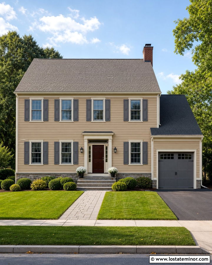 Tan House With Gray Window Frames - 30 Tan House Design With Window Frames Ideas