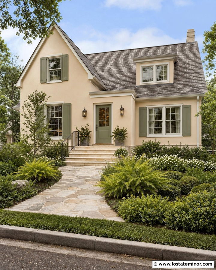 Tan House With Green Door And Limestone Steps - 30 Tan House Design With Steps Ideas