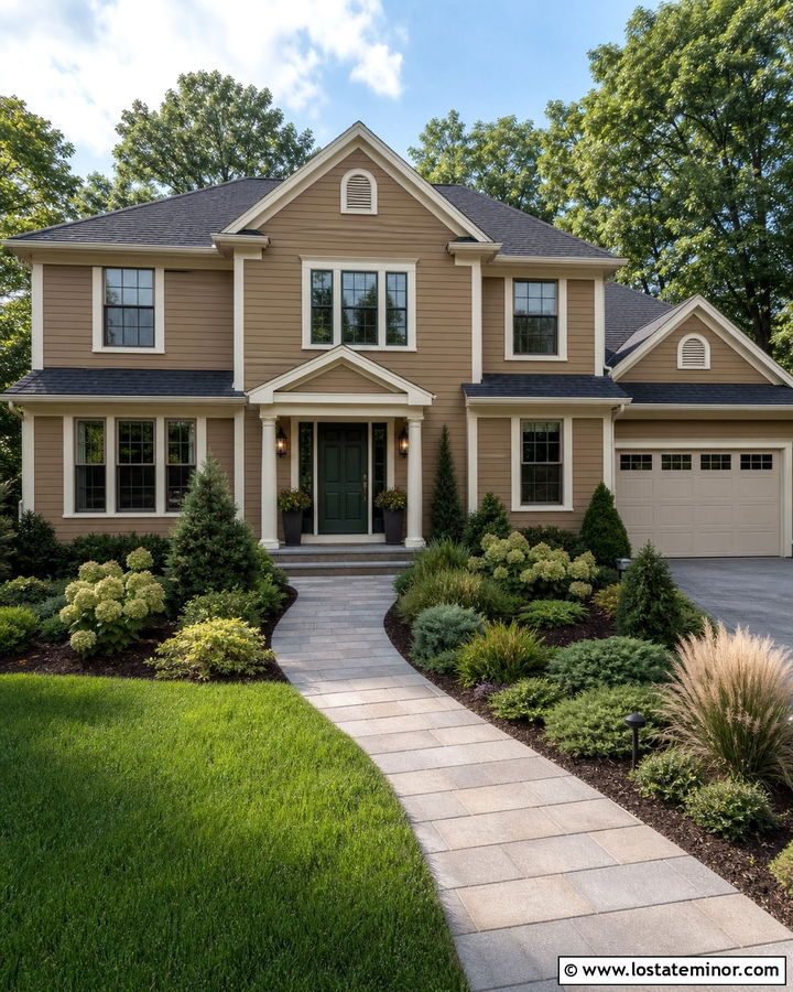 Tan House With Green Door And Low Maintenance Yard - 30 Tan House Design With Front Yard Ideas