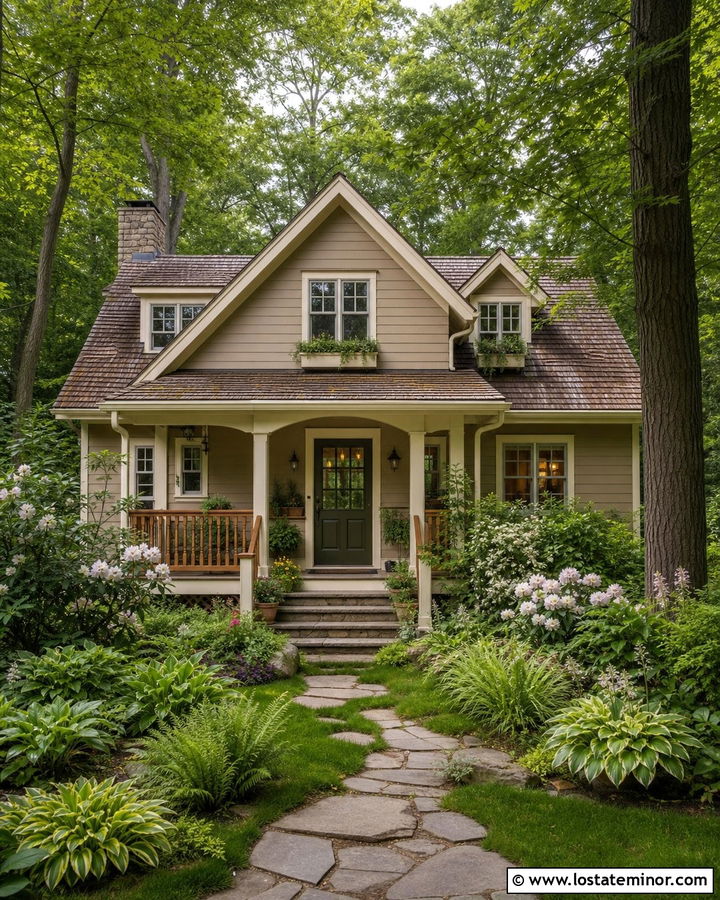 Tan House With Green Door And Woodland Landscaping - 30 Tan House Design With Landscaping Ideas