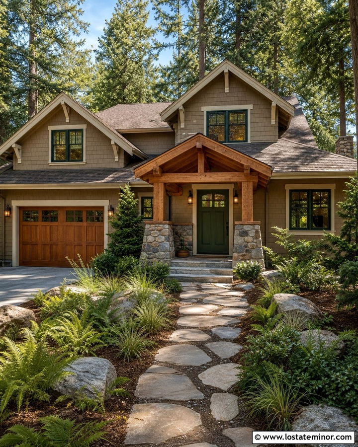 Tan House With Green Door Portico - 30 Tan House Design With Portico Ideas
