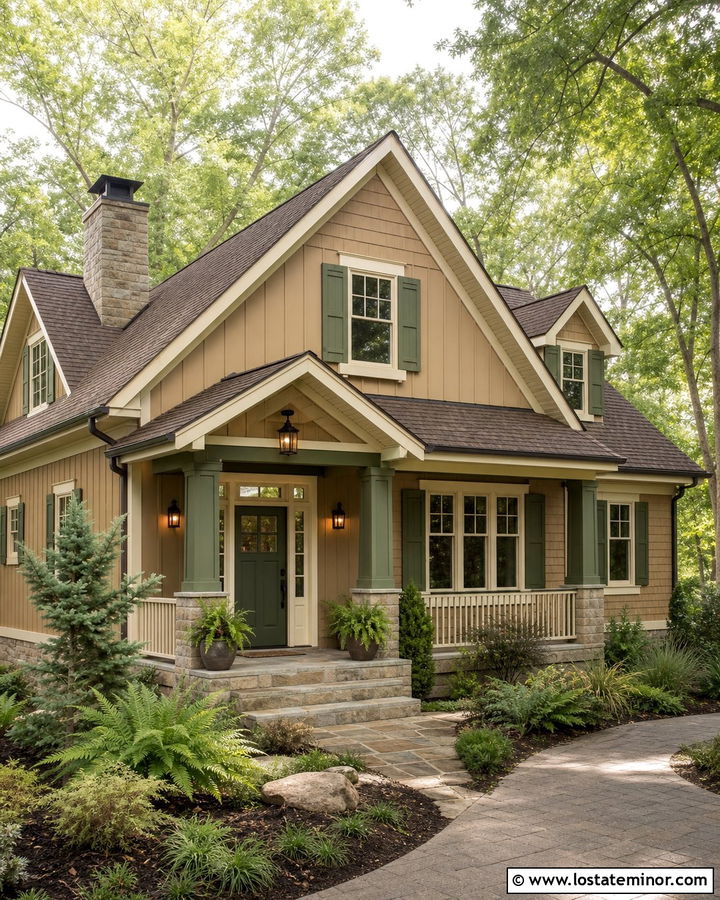 Tan House With Green Porch Columns - 30 Tan House Design With Porch Columns Ideas