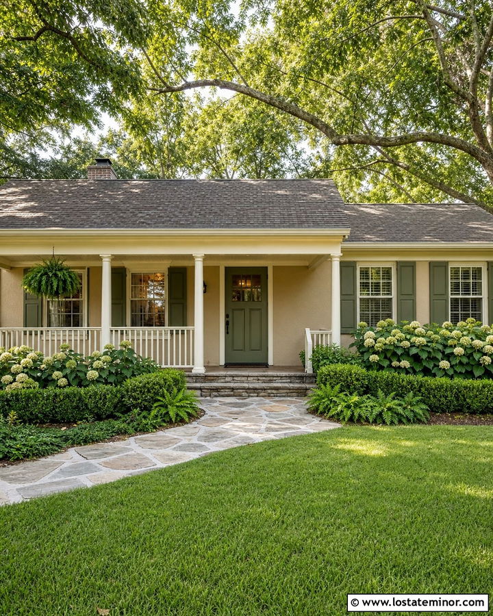 Tan House With Green Trim And Cream Porch - 30 Tan House Design With Trim Ideas