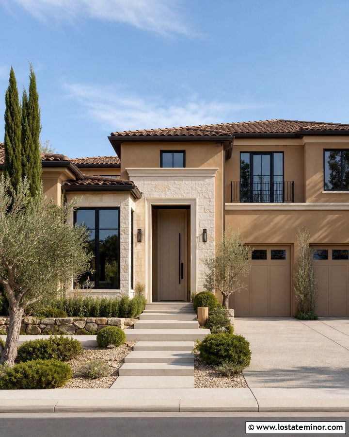 Tan House With Greige Entry Door - 30 Tan House Design With Entry Door Ideas