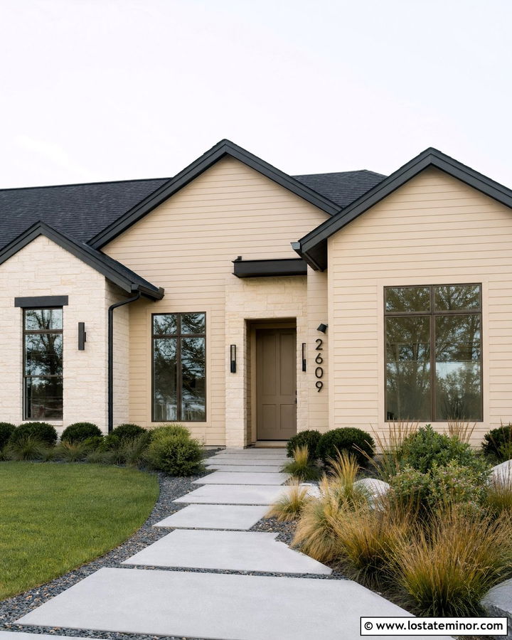 Tan House With Greige Front Door - 30 Tan House Design With Front Door Ideas