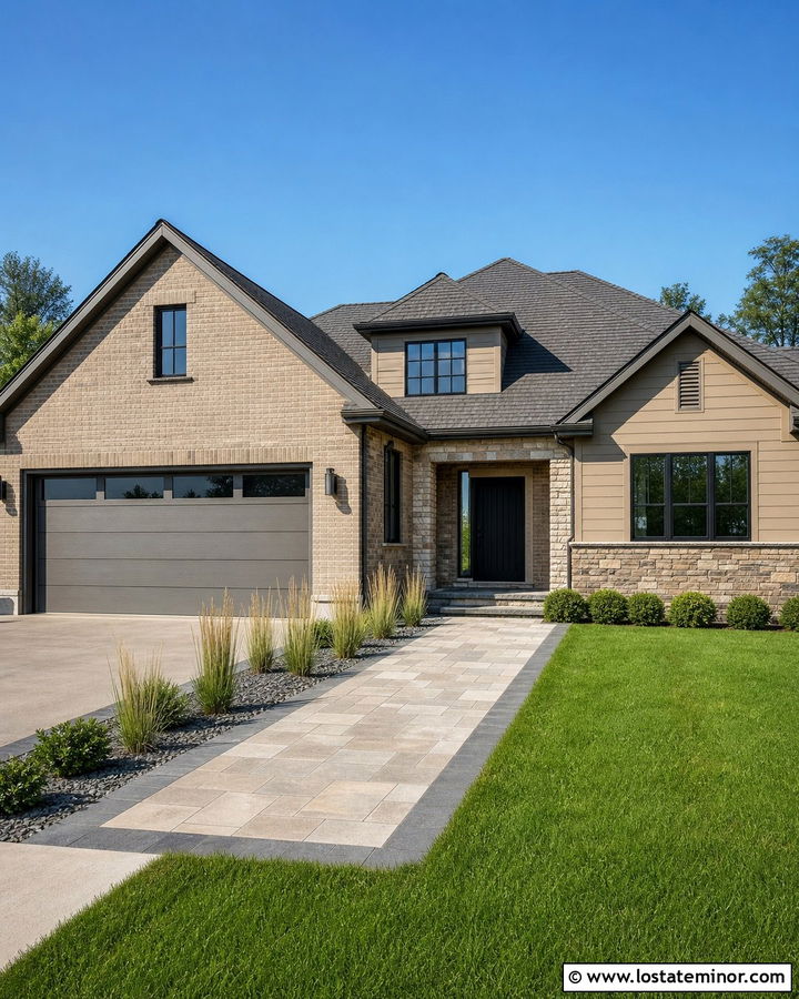 Tan House With Greige Garage Door - 30 Tan House Design With Garage Door Ideas