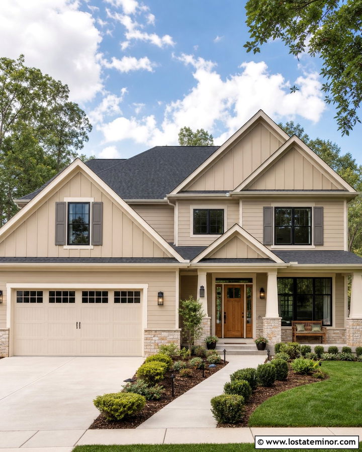Tan House With Greige Shutters And Black Windows - 30 Tan House Design With Shutters Ideas