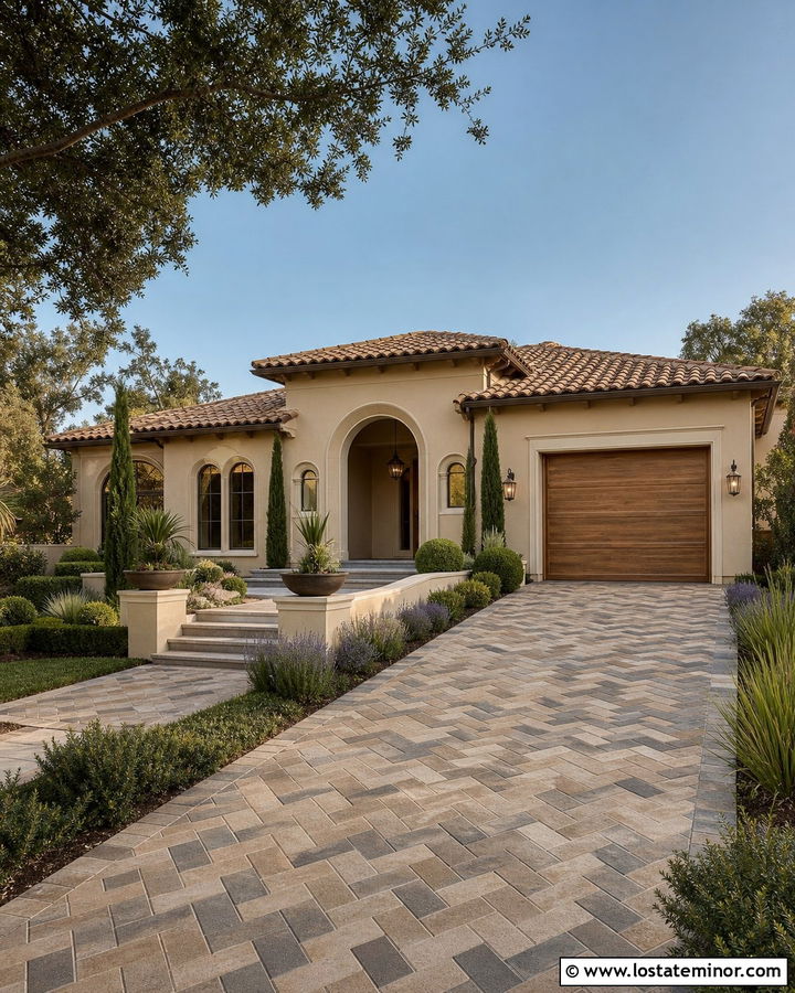 Tan House With Herringbone Paver Driveway - 30 Tan House Design With Driveway Ideas