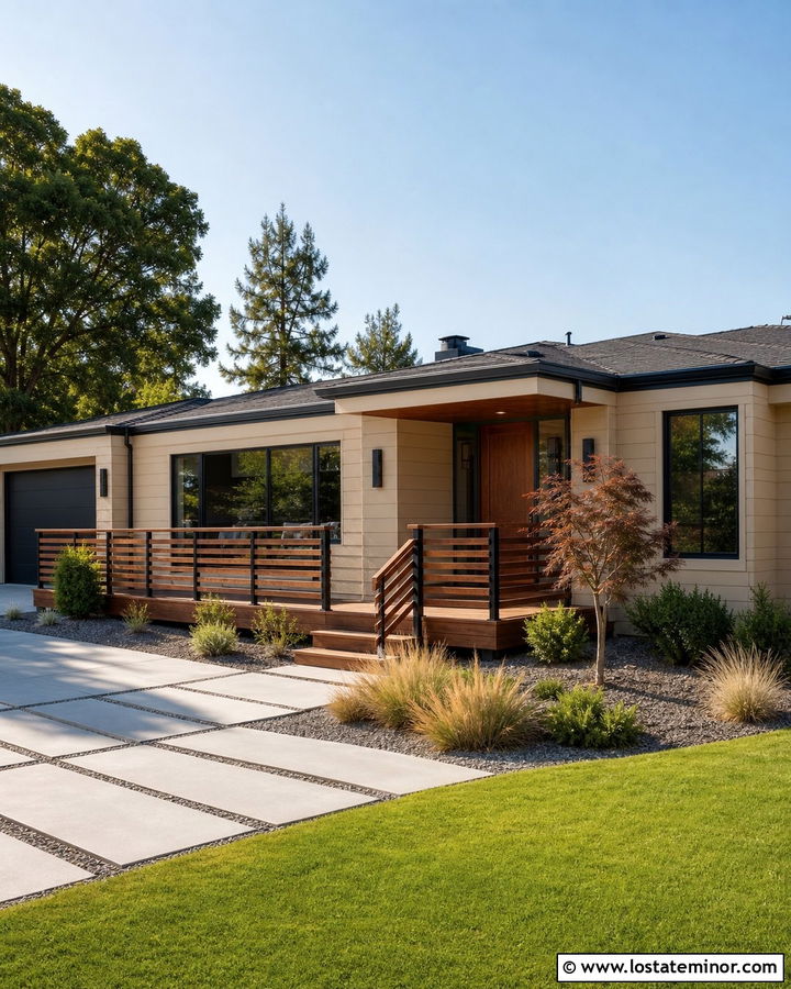Tan House With Horizontal Wood Railings - 30 Tan House Design With Railings Ideas
