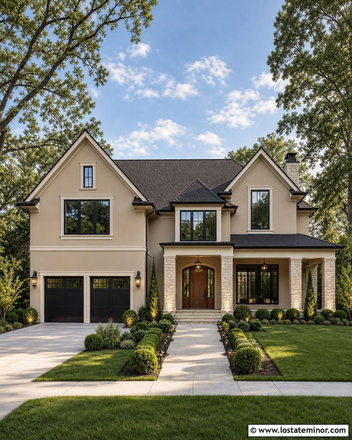 Tan House With Layered Exterior Lighting - 30 Tan House Design With Light Fixtures Ideas