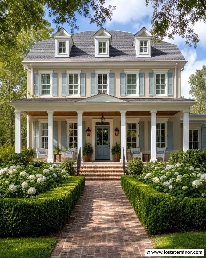 Tan House With Light Blue Shutters - 30 Tan House Design With Shutters Ideas