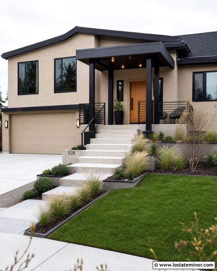 Tan House With Matte Black Porch Accents - 30 Tan House Design With Accents Ideas