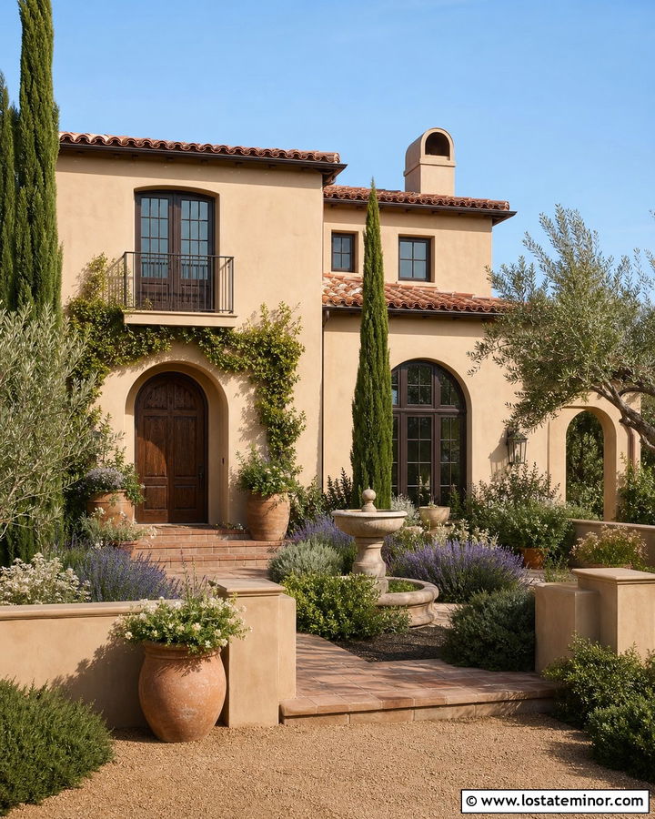 Tan House With Mediterranean Courtyard Landscaping - 30 Tan House Design With Landscaping Ideas