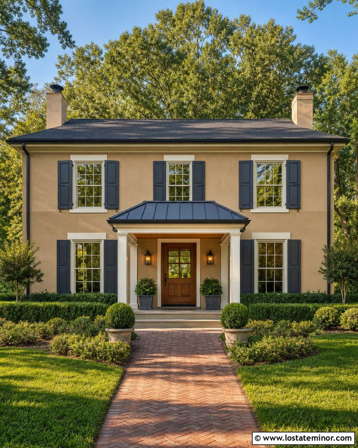 Tan House With Metal Roof Portico - 30 Tan House Design With Portico Ideas