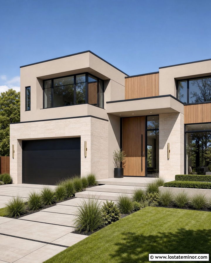 Tan House With Minimalist Brass Lights - 30 Tan House Design With Light Fixtures Ideas